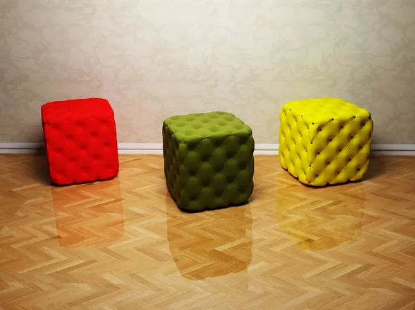 Interior design with three colored puffs — Stock Photo, Image