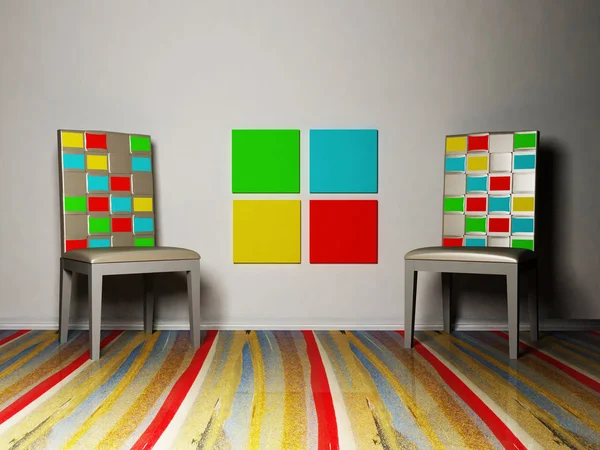 Cena de design de interiores com cadeiras coloridas no floo colorido — Fotografia de Stock