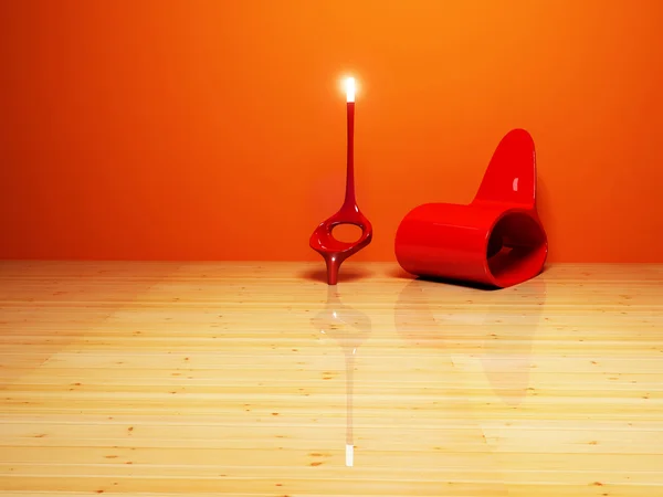 モダンなインテリア デザイン、赤い肘掛け椅子と創造的な床ランプ — ストック写真