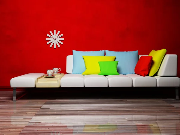 Cena de design de interiores com travesseiros coloridos no sofá — Fotografia de Stock