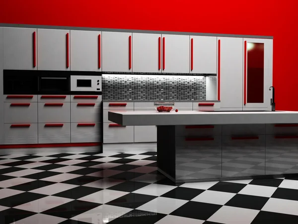Modern mutfak iç beyaz ve kırmızı renkli — Stok fotoğraf