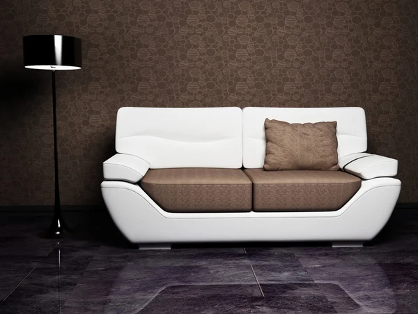 Design de interiores moderno com um sofá e uma lâmpada de assoalho — Fotografia de Stock