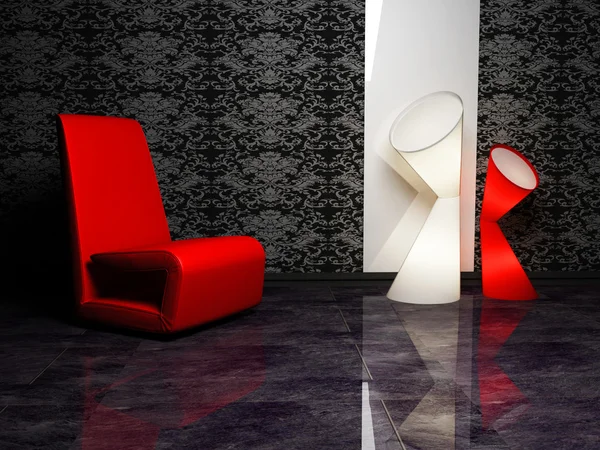 肘掛け椅子と 2 つのフロアランプとモダンなインテリア デザイン — ストック写真