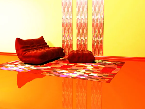 Εσωτερική διακόσμηση του καθιστικού με κόκκινο καναπέ και ένα πουφ — Φωτογραφία Αρχείου