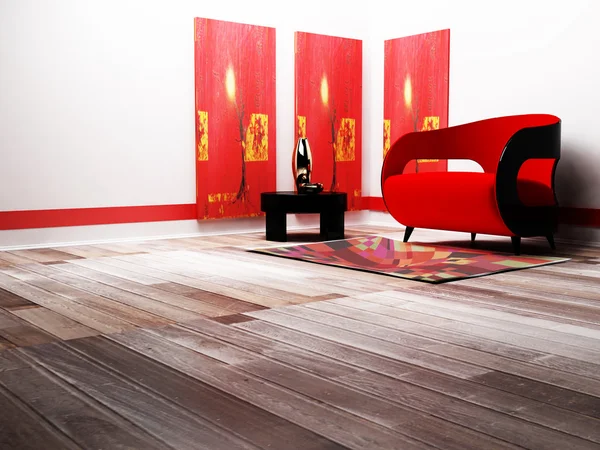 Interior moderno con un sofá rojo y negro y una mesa — Foto de Stock