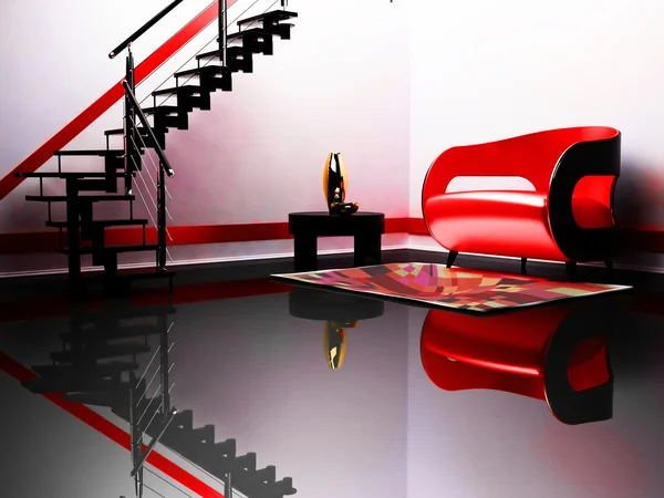 Intérieur moderne avec un canapé rouge et noir, une table et un noir — Photo