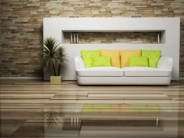 Design de interiores moderno da sala de estar com um sofá e uma planta — Fotografia de Stock