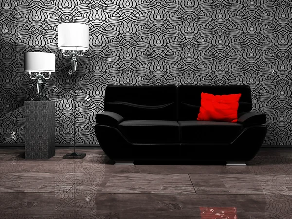 Diseño interior moderno con un sofá y dos lámparas de pie —  Fotos de Stock