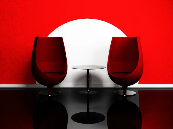 Moder design de interiores com duas poltronas criativas e uma mesa — Fotografia de Stock
