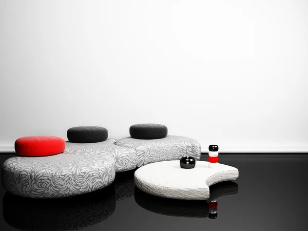 Современный интерьер с креативным пуфом и столом в минимализме — стоковое фото