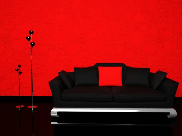 Μοντέρνο εσωτερικό με ένα μαύρο καναπέ και δύο λαμπτήρες πατωμάτων — Φωτογραφία Αρχείου