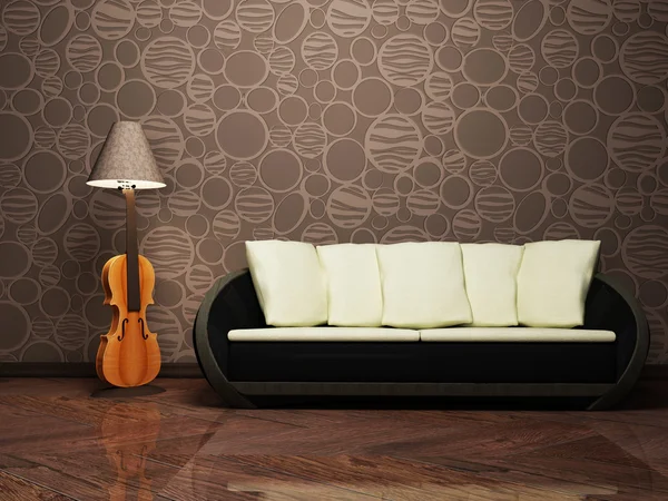 Design interior moderno com uma lâmpada de assoalho criativa e um sofá — Fotografia de Stock
