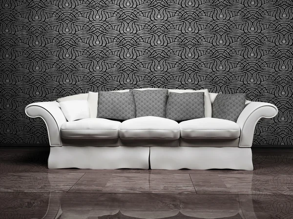 Design de interiores moderno com um sofá cinza agradável — Fotografia de Stock