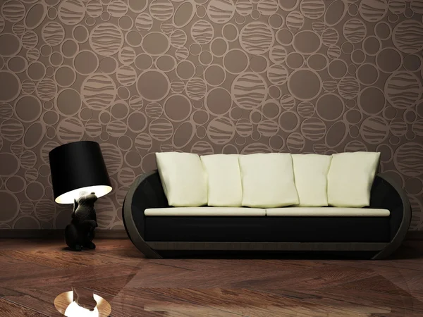 Μοντέρνο εσωτερικό σχεδιασμό με μια δημιουργική λαμπτήρας πατωμάτων και καναπέ — Φωτογραφία Αρχείου