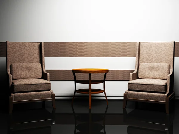 Interior design moderno con due eleganti poltrone e un tavolo — Foto Stock