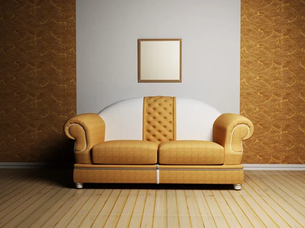 Modernes Interieur mit einem schönen Sofa und einem Bild auf der Wand — Stockfoto