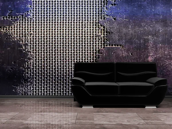Interior em estilo grunge com um sofá preto — Fotografia de Stock