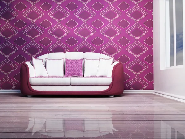 Design de interiores moderno com um sofá agradável e uma janela — Fotografia de Stock