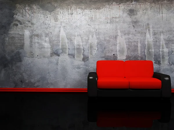 Εσωτερική διακόσμηση με ένα κόκκινο και μαύρο καναπέ — Φωτογραφία Αρχείου