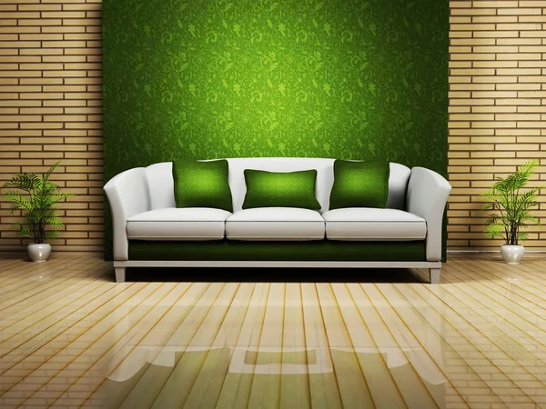 Design de interiores moderno com um sofá agradável e uma planta — Fotografia de Stock