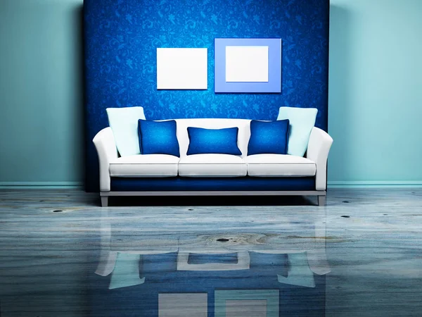 Современный дизайн интерьера с красивым диваном и картинками — стоковое фото
