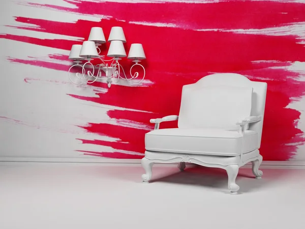 白色扶手椅和一个粉红色的背景上的水晶吊灯 — 图库照片