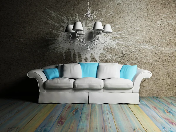 Μοντέρνο εσωτερικό σχεδιασμό με ένα ωραίο καναπέ και έναν πολυέλαιο — Φωτογραφία Αρχείου