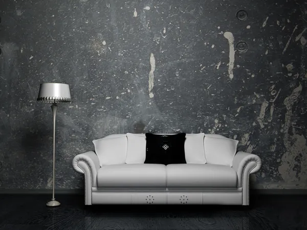 Projektowanie wnętrz sceny z białą kanapę i lampa podłogowa — Zdjęcie stockowe