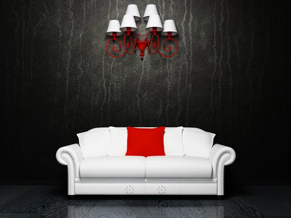 Diseño interior moderno con un sofá blanco y una chandelior —  Fotos de Stock