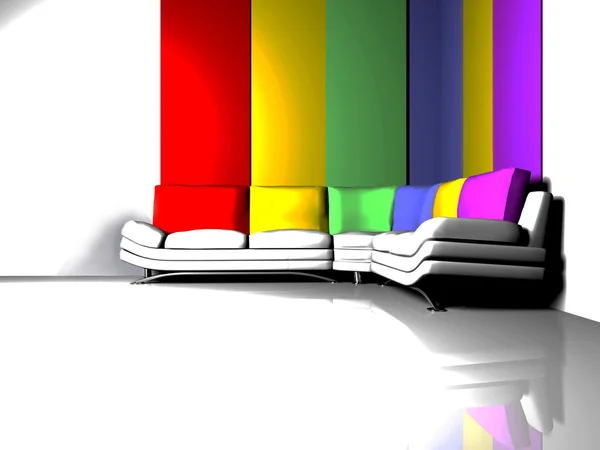 Design interiéru scéna s bílou pohovkou s barevnými polštáři — Stock fotografie