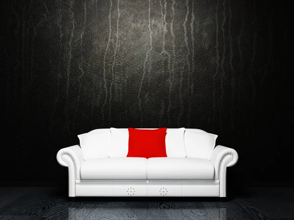 现代室内设计的白色沙发上脏艾菲尔铁塔的背景 — 图库照片