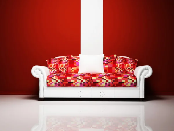 Design interiéru scéna s barevnou pohovkou na červeném pozadí — Stock fotografie