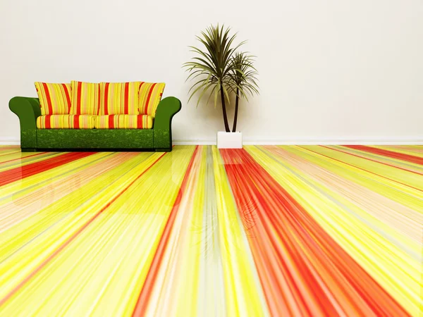 Cena de design de interiores moderna com um sofá e uma planta — Fotografia de Stock
