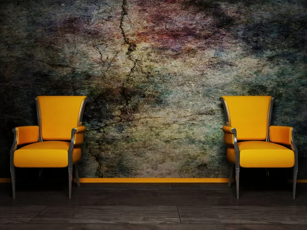 Két fotel, a grunge háttér belsőépítészet jelenet — Stock Fotó