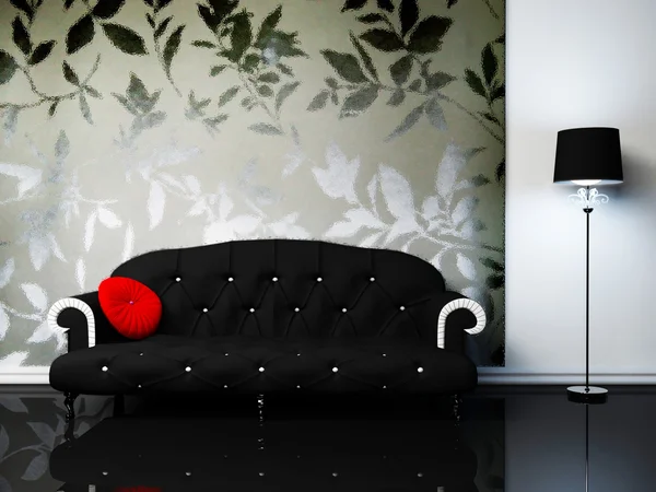 Modern lakberendezés, nappali, egy fekete kanapé és egy f — Stock Fotó