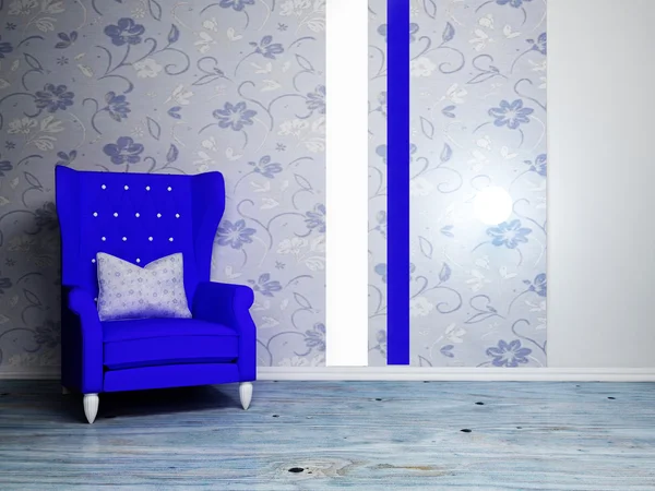 Escena de diseño interior con un bonito sillón azul — Foto de Stock