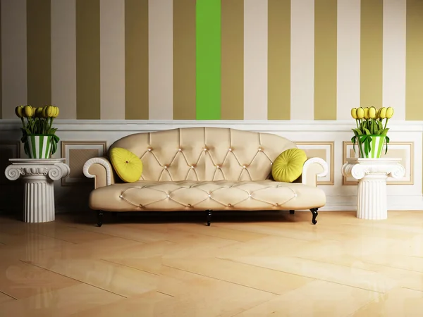 Escena de diseño interior con un sofá clásico y dos mesas con t —  Fotos de Stock