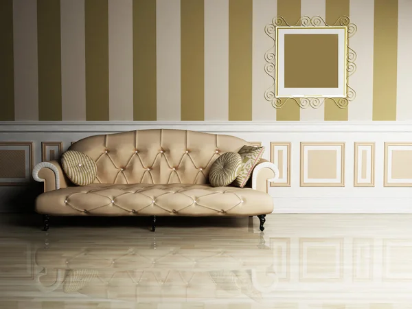 Escena de diseño de interiores con un sofá clásico y una imagen en el —  Fotos de Stock
