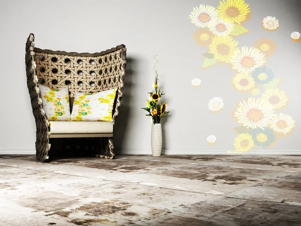 Красивый интерьер гостиной с плетеным креслом и — стоковое фото