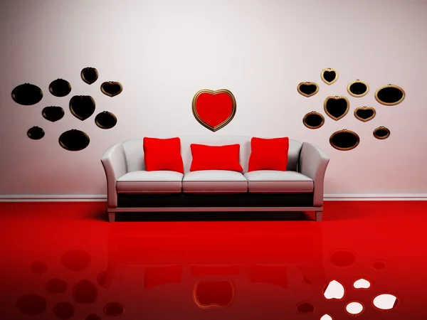 Romantyczny wystrój wnętrz z sofą i lustra na ścianie — Zdjęcie stockowe