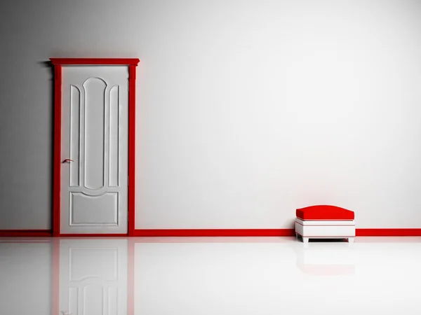 Бело-красная классическая дверь и пуф в пустой светлой комнате — стоковое фото