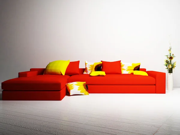 Modern interior design of living room with a sofa and an ikeban — Stock Photo, Image