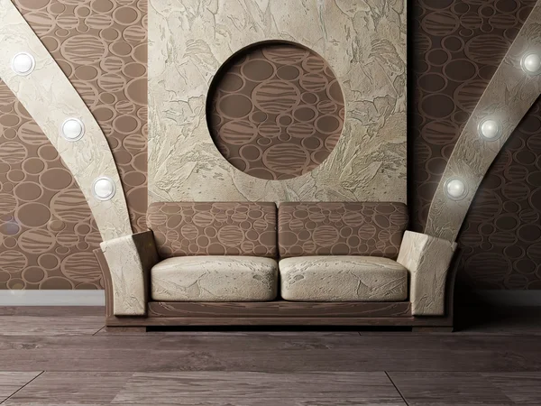 Cena de design de interiores com um sofá agradável e as lâmpadas na parede — Fotografia de Stock