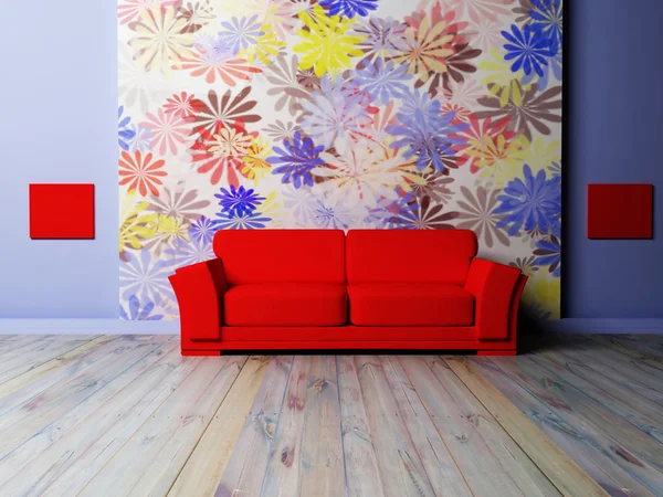 Design de interiores moderno da sala de estar com um sofá vermelho — Fotografia de Stock