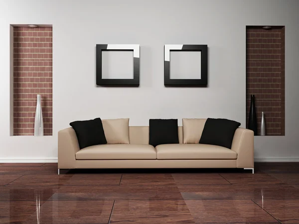 现代室内设计的客厅里有一个很好的沙发 — 图库照片