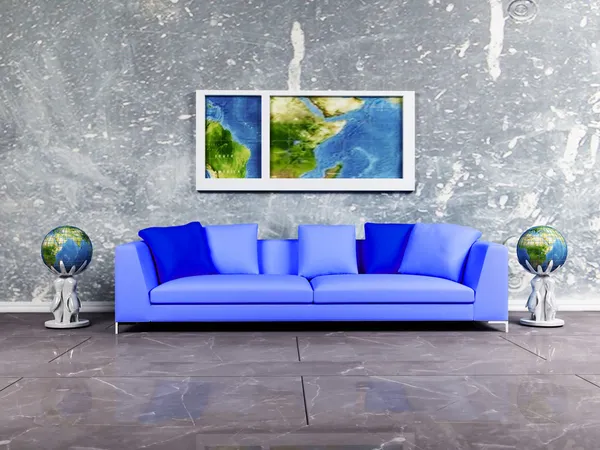 Modern inredning av vardagsrum med en blå soffa och — Stockfoto