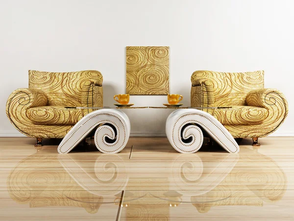 2 つの肘掛け椅子とテーブルとインテリア デザイン シーン — ストック写真