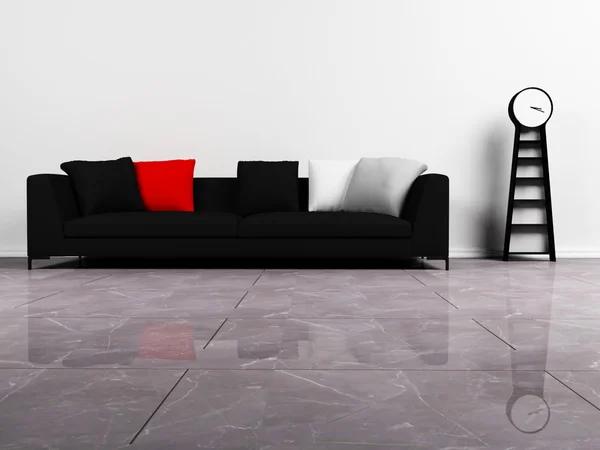 Diseño interior moderno con un sofá negro y un reloj — Foto de Stock