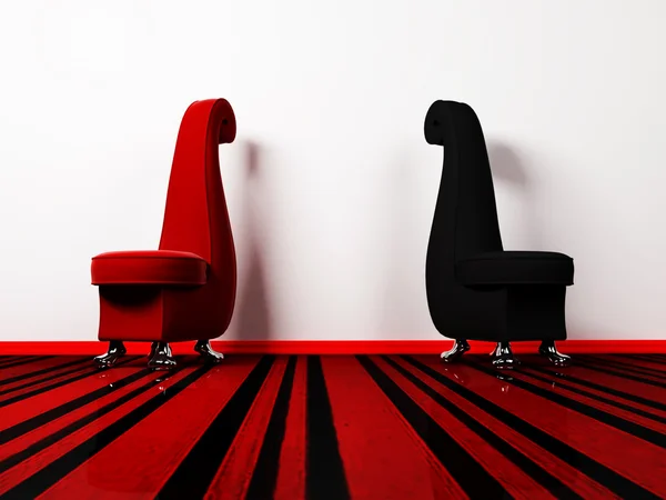 Interior design scene with the red and black armchairs — Stock Photo, Image