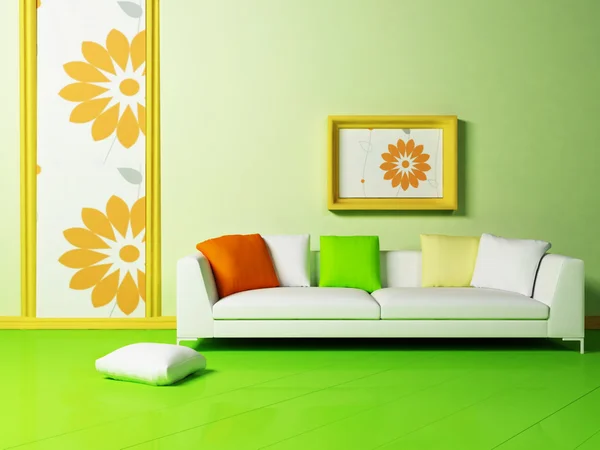 Design de interiores brilhante com um sofá agradável — Fotografia de Stock